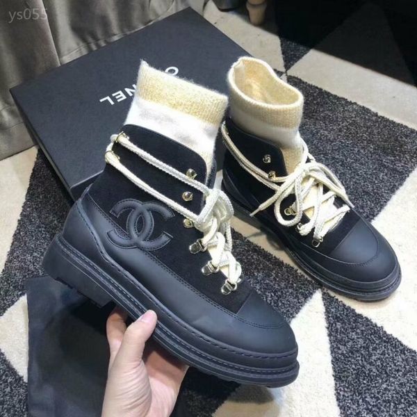 

fall / winter 19 new short boots women's fashion wool knitted wool low heel ankle boots lace up comfortable, Black