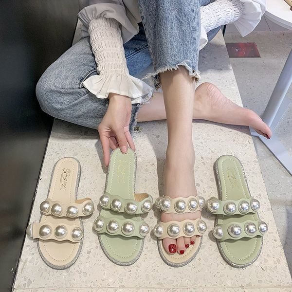 

slippers casual female shoes string bead slides rubber flip flops 2020 summer hawaiian flat bonded leather basic pu, Black