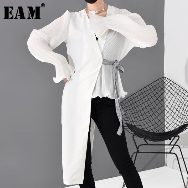 

eam] women white asymmetrical pleated blouse new v-collar long sleeve loose fit shirt fashion tide spring autumn 2020 s46500