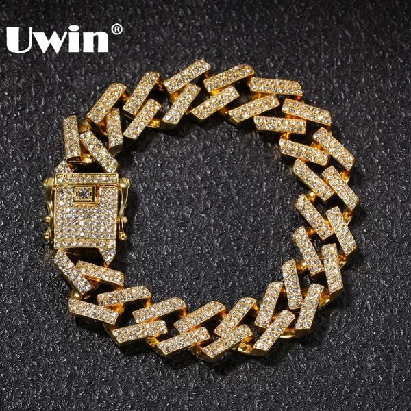 

uwin fashion mens bracelet full iced out rhinestones 15mm prong cuban link bracelets blue/black multi-colored hiphop jewelry, Golden;silver