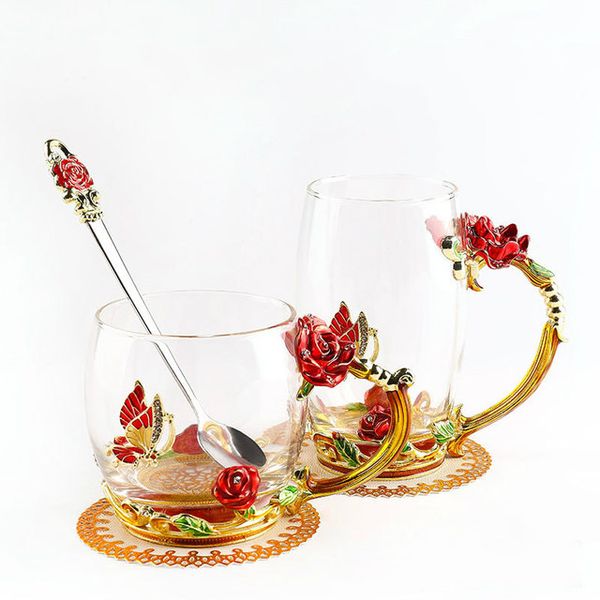 

red blue rose эмаль хрустальный кубок цветочный чай стекла высококачественная стеклянная чашка воды цветок кружка с handgrip идеальный подар