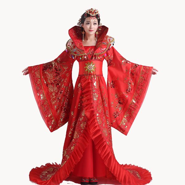 

red women stand collar noble draggle-tail dress queen of the tang dynasty clothing chinese ancient costum, Black;red