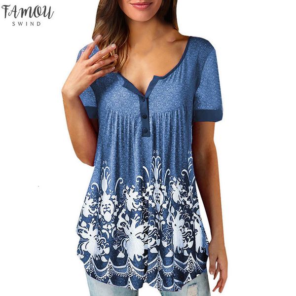 

women clothes 2020 casual buttons short sleeve elegant ethnic printed floral shirt v neck mujer t shirt femme v neck top, White