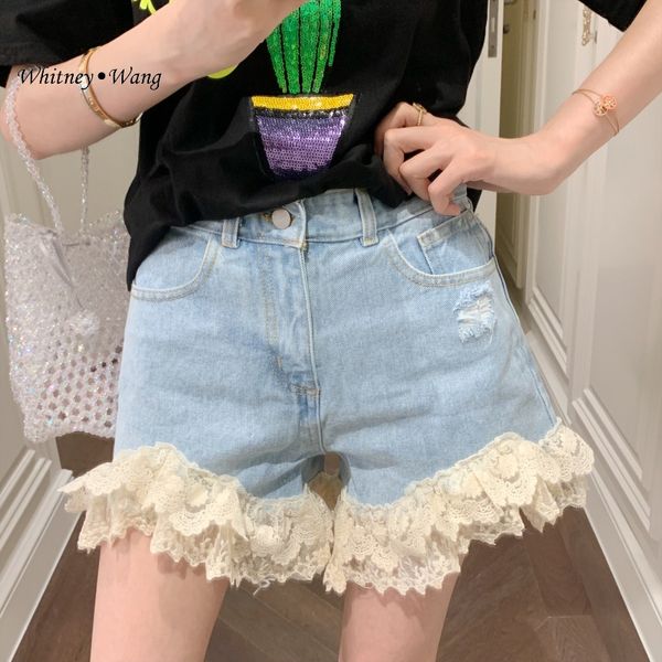

whitney wang shorts 2020 spring summer fashion streetwear layered lace ruffles patchwork denim shorts women jeans plus size 5xl, Blue