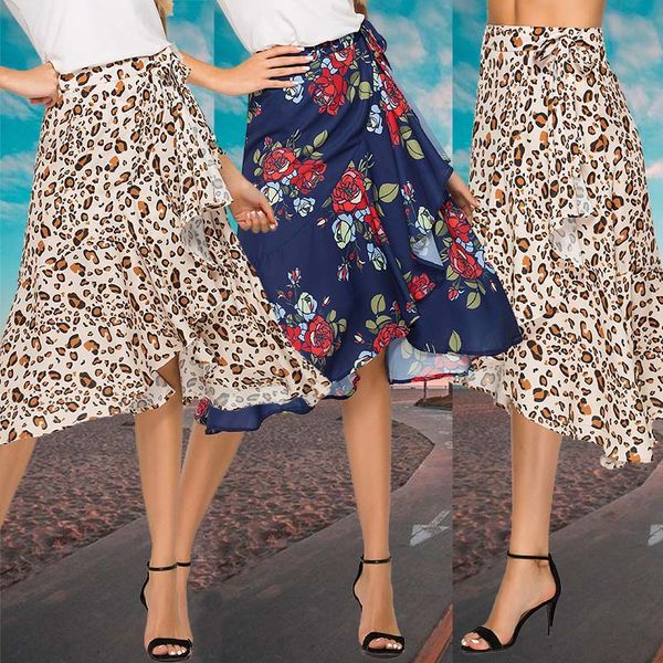 

fashion women skirts leopard print ruffled skirts for women skirt vintage high waist irregular vacation skirt femme, Black