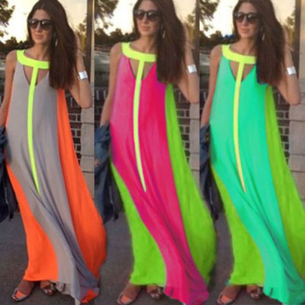 

fahion chiffon bright color patchwork casual dresses sleeveless sundress loose long dress women summer boho maxi dresses, Black;gray