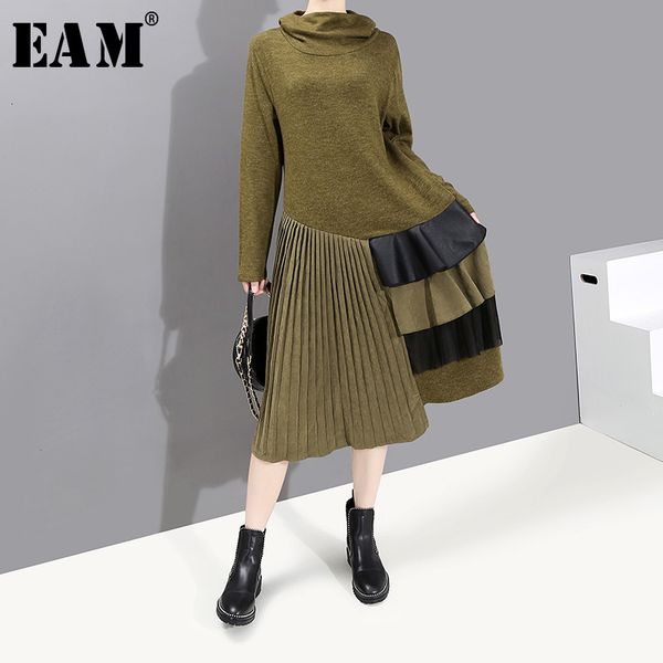 

eam] women asymmetrical pleated knitting dress new turtleneck long sleeve loose fit fashion tide spring autumn 2019 19a-a810, Black;gray