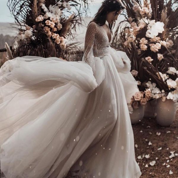 

vintage 2020 beach a line wedding dresses deep v neck long sleeves boho bridal dress plus size formal party wear two pieces, White