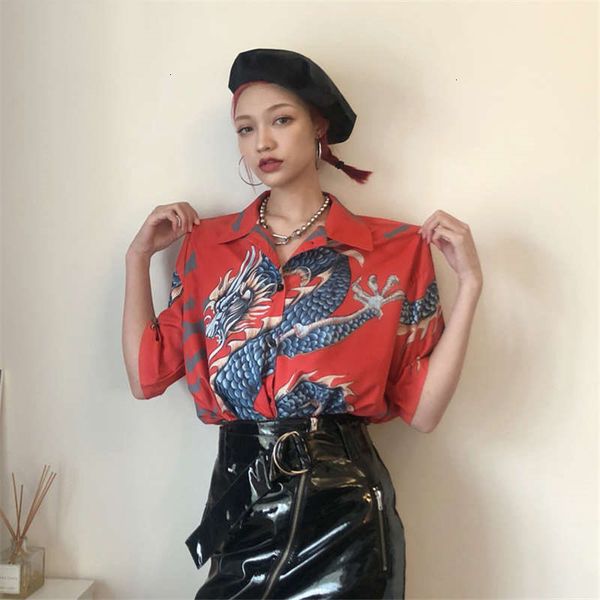 

women clothes womens blouses harajuku summer blouse 3d dragon print shirt short sleeve turn down collar woman man causal 35272, White