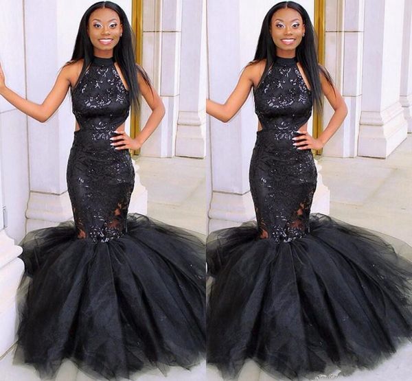 

2019 halter black sleeveless tulle mermaid prom dresses applique cutaway sides formal dress evening gowns girls wear custom made