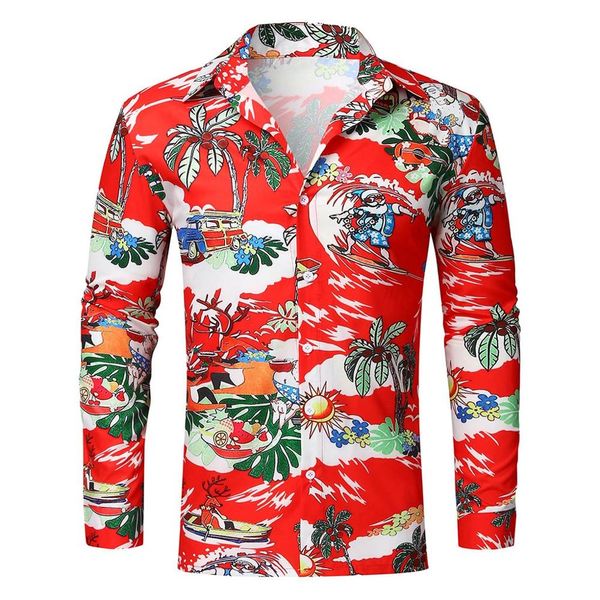 

shirts men casual novelty christmas santa print casual long sleeves shirt blouse coconut tree print shirt hawaiian beach 2#, White;black