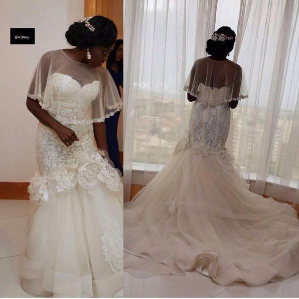 

setwell sweetheart mermaid wedding dresses sleeveless lace appliques floor length south african bridal gowns with cape, White