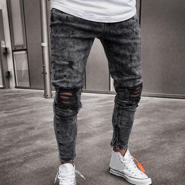 

feitong jeans men brand men clothes 2019 skinny stretch denim pants distressed ripped freyed slim fit jeans trousers of male, Blue