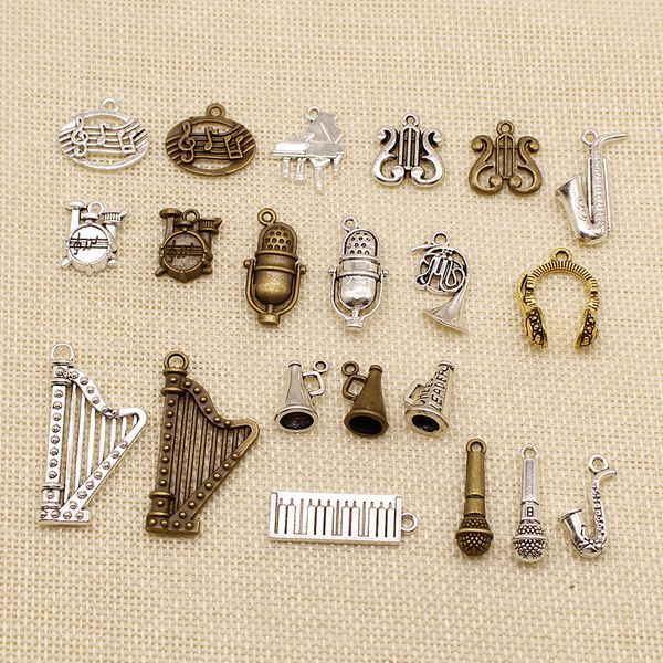 

40 pieces hand made jewelry accessories parts musical instrument harp microphone drum hj178, Bronze;silver