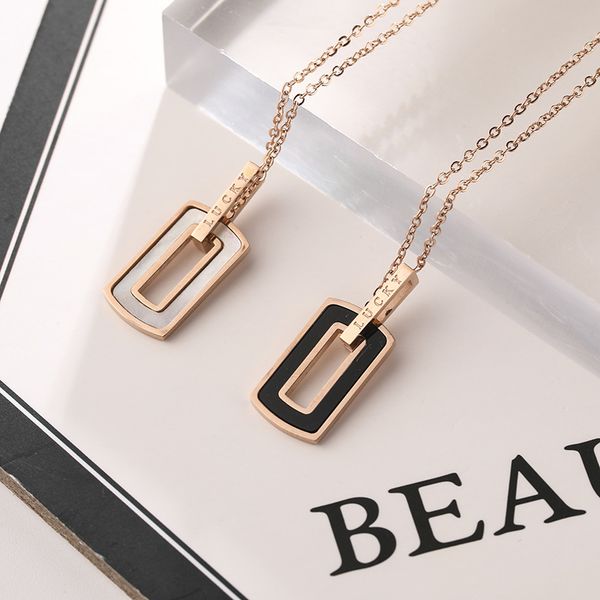 

white black stainless steel lucky rectangle pendant necklace for women rose gold color initial chain necklaces square jewelry, Silver