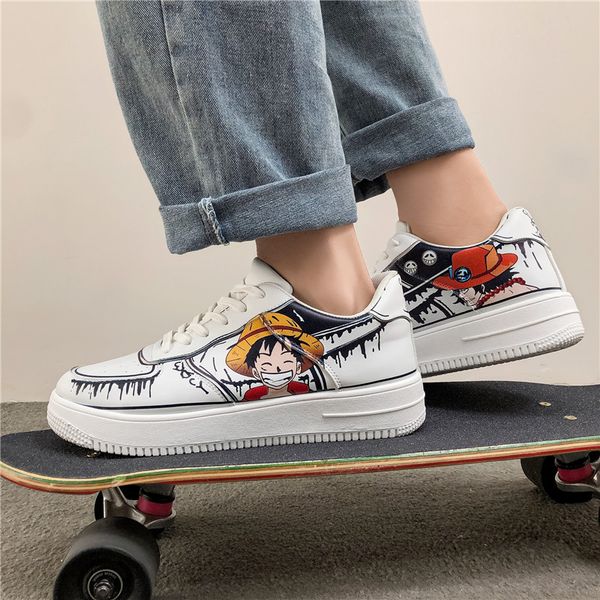 

graffiti white shoes men's fashion personality skateboard shoes casual trend men flats vulcanize, Black