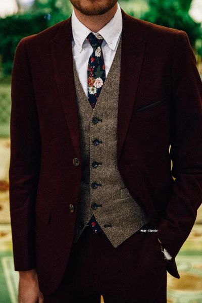 Burgonya Yün Düğün Smokin Erkekler Balıksırtı Tweed Damat Kıyafetler Best Man Erkek Blazer Balo Custom Made (ceket + pantolon + Vest) Takımları Takımları