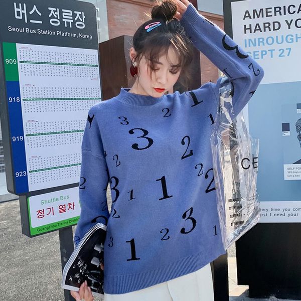 

autumn winter new number women's thick sweater fashion casual round neck sweaters 2019 long sleeved knit pullover, White;black