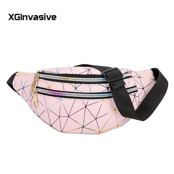 

holographic waist bags women pink silver fanny pack female belt bag black geometric waist packs laser chest phone pouch