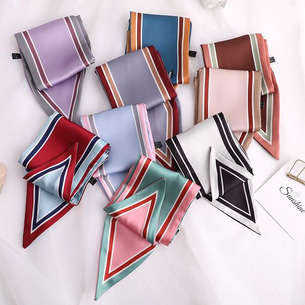 

new design skinny scarf solid striped print women silk scarf small handle bag ribbons female head scarves wrap for lady 100*10cm, Blue;gray