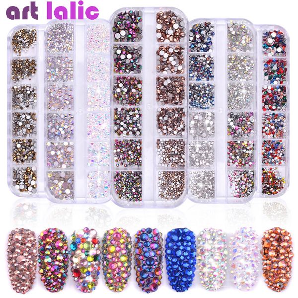 

1 box multi size glass nail rhinestones mixed colors flat-back ab crystal strass 3d charm gems diy manicure nail art decorations, Silver;gold