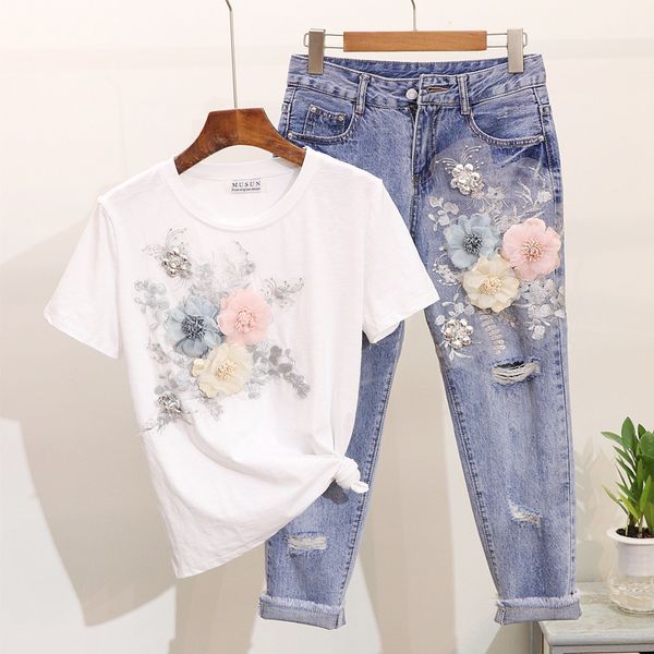 

amolapha women heavy work embroidery 3d flower tshirts + jeans 2pcs clothing sets summer casual suits, White