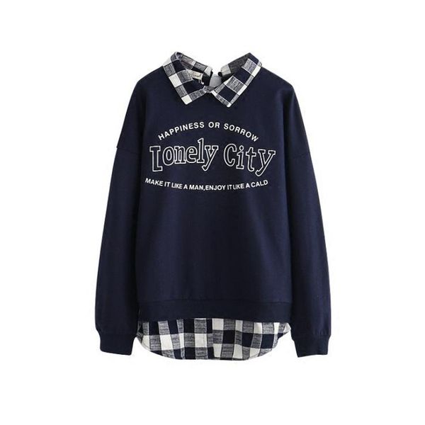 

веселое довольно женщины плед пэчворк письмо версия для печати толстовки зима с длинным рукавом отложным воротником толстовки для femme опря, Black