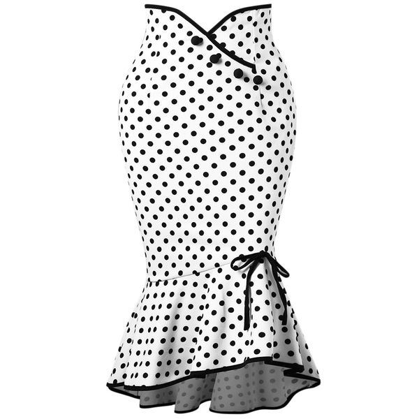 

polka dot with buttons fishtail skirt fresh and sweet knee length slim 2020 autumn new arrival -xxl black white bow ruffles, Black;gray