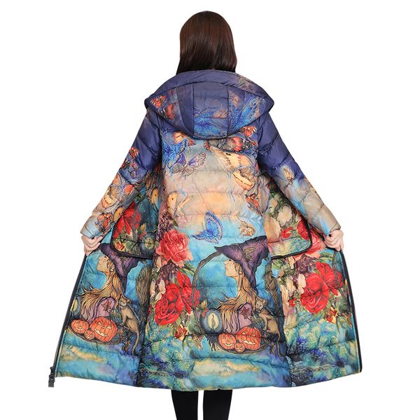 

fashion print down jacket female long slim parkas new autumn winter hooded coats large size 5xl women winter outerwear x390, Black