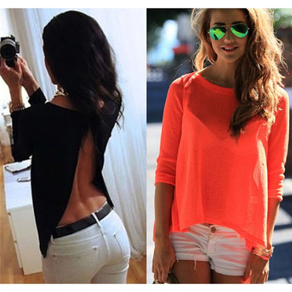 

women designer shirt women clothes women retrieve lace split long mouwen chiffon shirt back perspective loose cropped casual 2, White