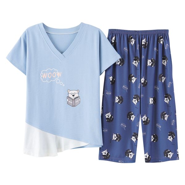

short sleeved calf-length pants pajamas sets summer cotton women pyjamas sweet girl sleepwear loungewear femme clothing, Black;red