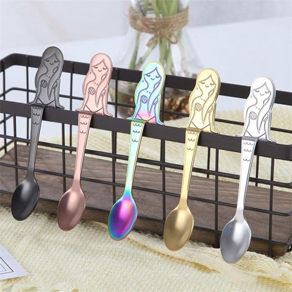 

5 colors coffee spoons stainless steel mermaid spoons stir-hanging coffee spoon dessert spoon creative tableware 100pcs