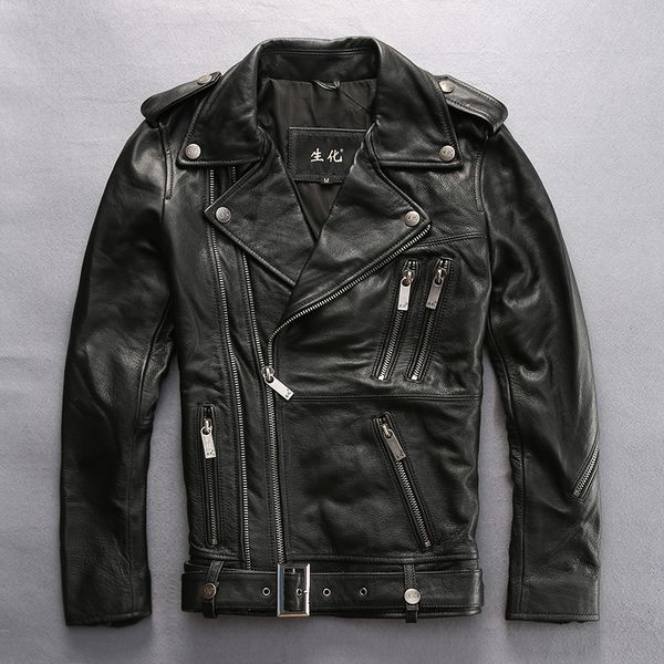 

slim fit men's motorcycle with belt zippers fashion biker jacket men newa arrival leather coat for male xxxl, Black