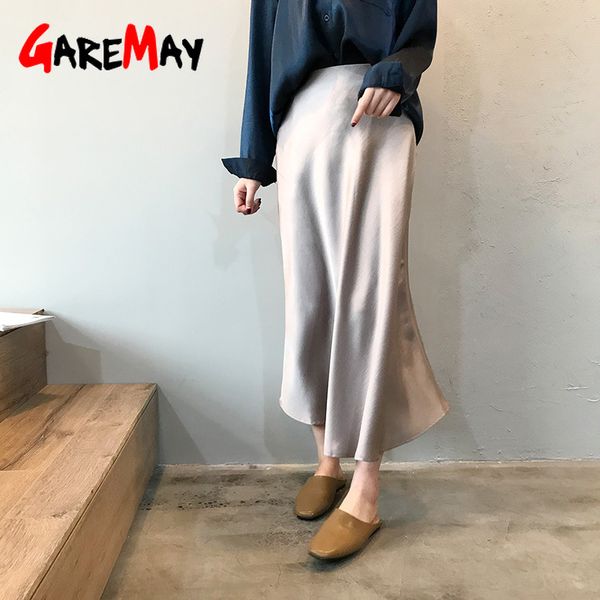 

garemay midi maxi long high waist satin skirt women elegant silk a-line solid vintage ladies summer skirts womens, Black