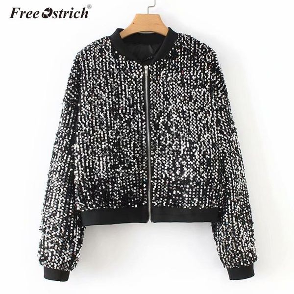 

women's jackets ostrich autumn winter bomber jacket women coat zipper sequin o neck pocket long sleeve outwears n30, Black;brown