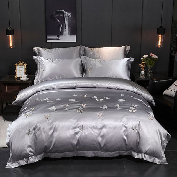 Silver White Luxury Bedding Set Cotton Satin Silk Bed Set Queen