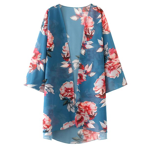 

new arrival summer sunproof cardigan fashion zexxxy women's summer floral pattern 3/4 sleeve open front kimono chiffon cover-up, Black;brown