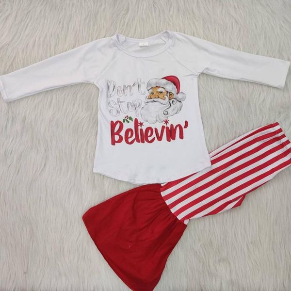 

baby girls christmas believe print long sleeve raglan shirt red striped pants bell bottom design kids boutique outfits clothing, White