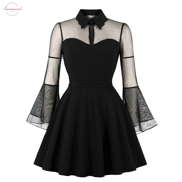 

women gothic mini dress black mesh patchwork see through flare sleeve draped elegant plus size party short dresses, Black;gray