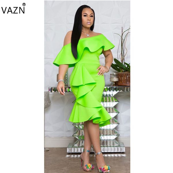 

vazn omm1072 young lady of note fashion solid slash neck half batwing high waist thin women trumpet midi dress, Black;pink