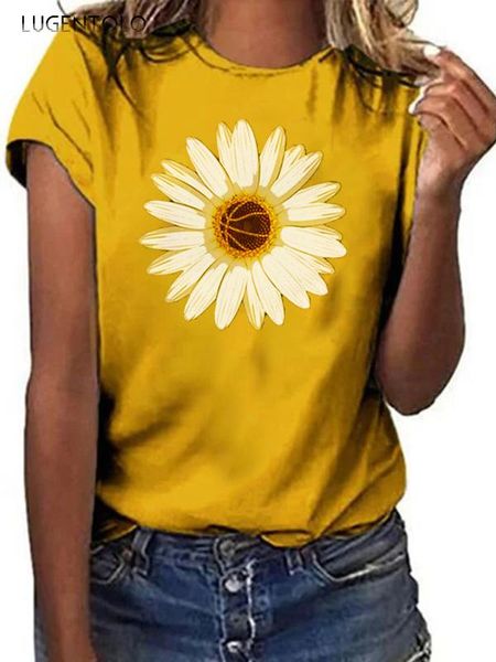 

women's t-shirt lugentolo women summer loose short-sleeved tee daisy printed casual all-match female t-shirts, White
