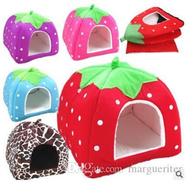 

cute strawberry pet dog cat house leopard soft sponge bed warm cat home foldable kennel cat nest