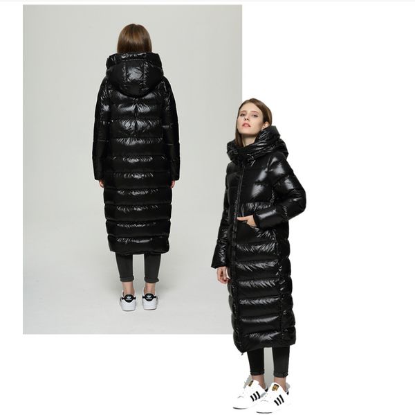 

womens designer down coat parkas fashion solid color thick down womens bright hooded long down parkas luxury coat keep warm sale, Black