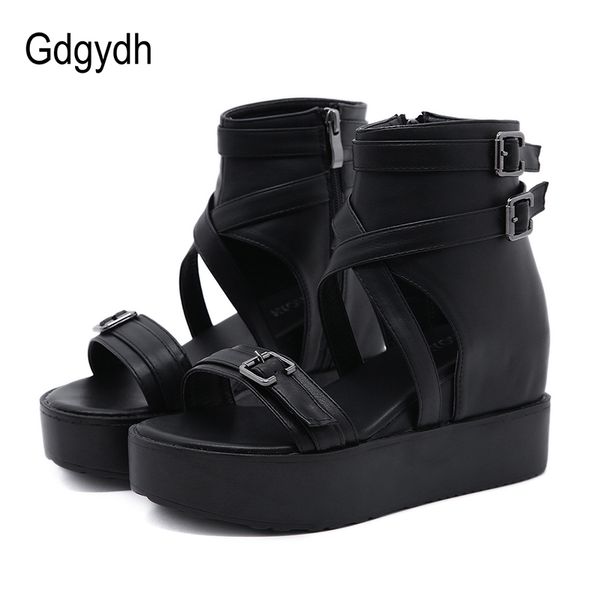 

gdgydh ladies wedge sandals zipper high platform height ankle wrap gladiator shoes women high heels 2020 new summer comfortable, Black