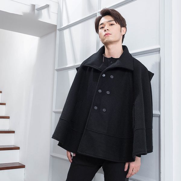 

short double-breasted lapel winter tide men's jacket round swing loose bat sleeve coat sleeveless hip hop nightclub street fashi, Black