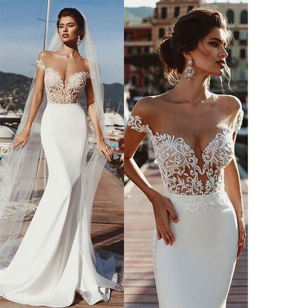 2020 Boho Beach Mermaid Wedding Dresses Lace Appliques Sexy Sheer
