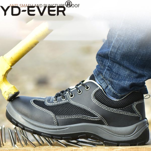 

yd-ever cow suede safety work shoes men steel toe mid sole shoes breathable puncture-proof work safety boots for men large size, Black