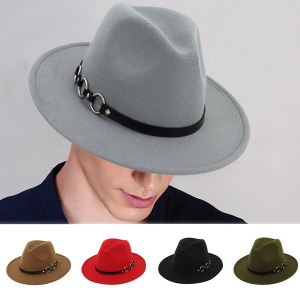 

elegant gray wool fedora hat for women autumn vintage trilby caps wide brim jazz church casual men felt bowler hats#p30, Blue;gray