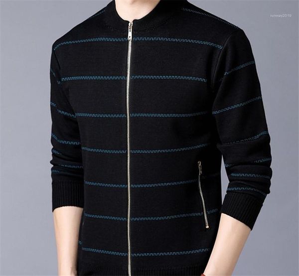 

stand collar long sleeved slim contrast color mens clothing men cardigan striped print jackets pocket zipper fly coats, Black;brown