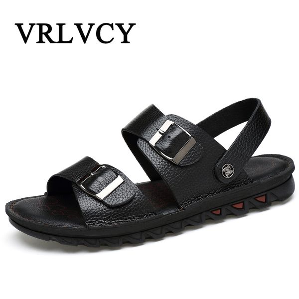 

fashion leather men's sandals slippers leather men's summer shoes outdoor soft bottom breathable beach slippers sandals, Black